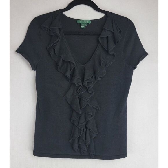 Lauren Ralph Lauren Tops - Lauren Ralph Lauren Womens Size Small Black Frills V-Neck Cotton Short Sleeve Bl